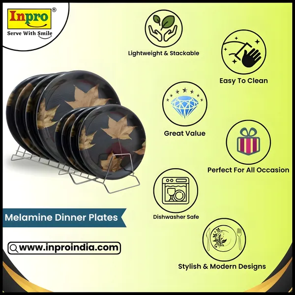 Black_Melamine_Floral_Printed_Dinner_Plates_Set_Of_8_(4_Full_&_4_Half)_-_Ideal_For_Snacks_And_Meals