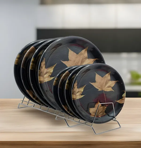 Black_Melamine_Floral_Printed_Dinner_Plates_Set_Of_8_(4_Full_&_4_Half)_-_Ideal_For_Snacks_And_Meals