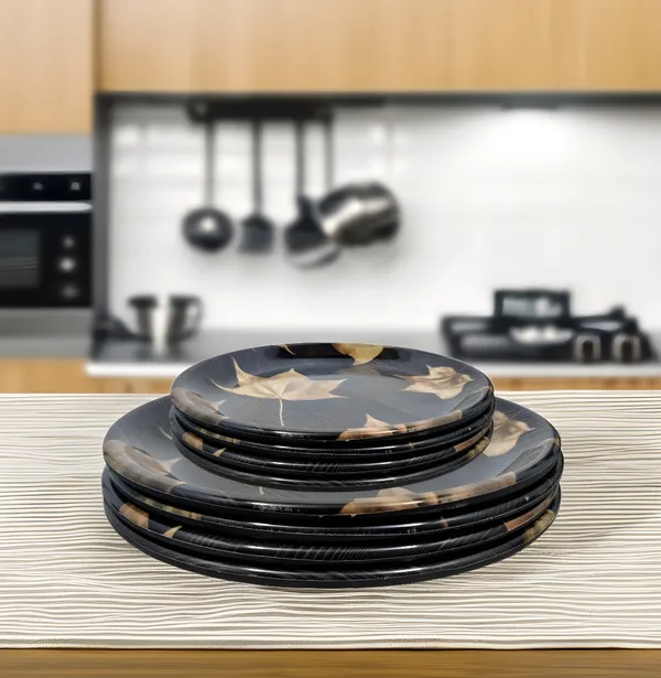 Black_Melamine_Floral_Printed_Dinner_Plates_Set_Of_8_(4_Full_&_4_Half)_-_Ideal_For_Snacks_And_Meals