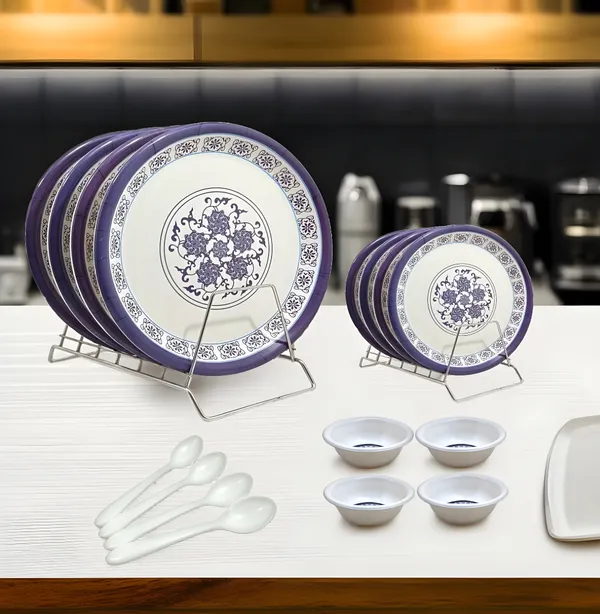 Multicolor_Floral_Printed_16_Pcs_Melamine_Dinner_Set_Contains_4_Full_Plates,_4_Half_Plates,_4_Bowls_And_4_Spoons_|_Daily_Use_&_Easy_To_Clean