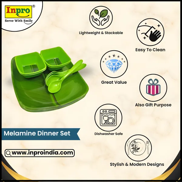 Green_Banana_Leaf_Pattern_12_Pcs_Melamine_Square_Dinner_Set_Contains_4_Full_Plates,_4_Bowls_And_4_Spoons_|_Perfect_For_Traditional_Dining