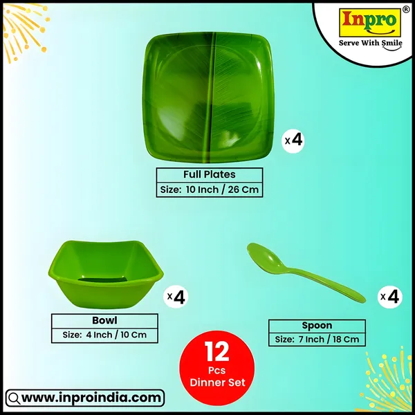 Green_Banana_Leaf_Pattern_12_Pcs_Melamine_Square_Dinner_Set_Contains_4_Full_Plates,_4_Bowls_And_4_Spoons_|_Perfect_For_Traditional_Dining