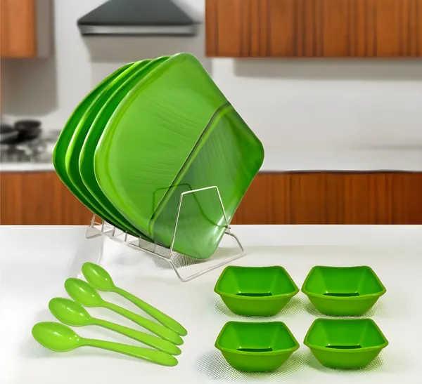 Green_Banana_Leaf_Pattern_12_Pcs_Melamine_Square_Dinner_Set_Contains_4_Full_Plates,_4_Bowls_And_4_Spoons_|_Perfect_For_Traditional_Dining