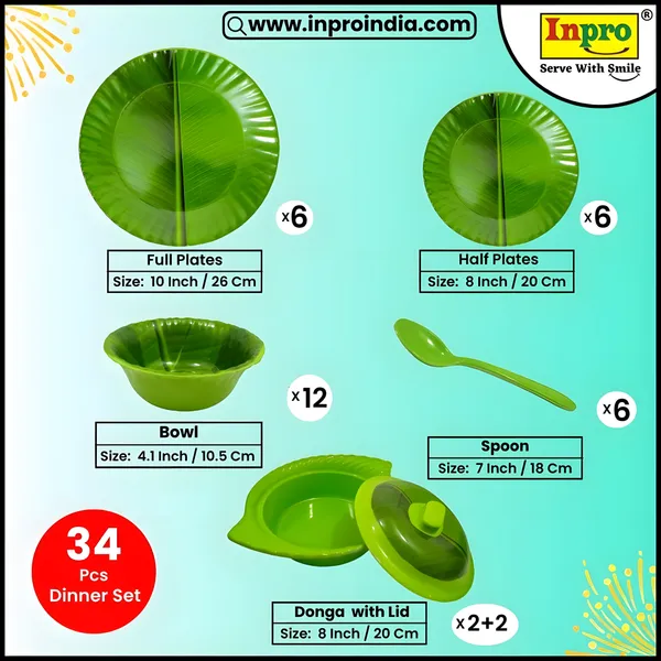 Green_34_Pcs_Melamine_Dinner_Set_Contains_6_Full_Plates,_6_Half_Plates,_12_Bowls,_6_Spoons,_2_Donga_And_2_Lid_|_Complete_Family_Dinnerware_Set_With_Durable,_Food-Safe_Finish