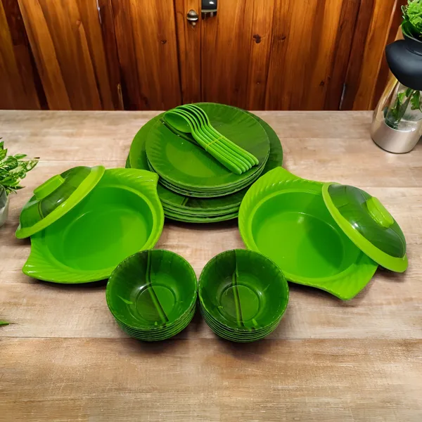 Green_34_Pcs_Melamine_Dinner_Set_Contains_6_Full_Plates,_6_Half_Plates,_12_Bowls,_6_Spoons,_2_Donga_And_2_Lid_|_Complete_Family_Dinnerware_Set_With_Durable,_Food-Safe_Finish