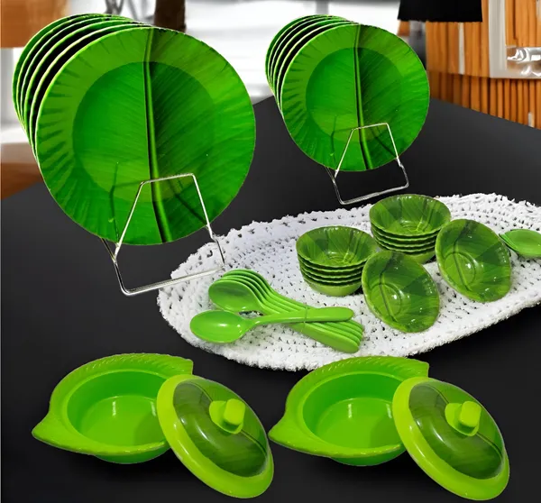 Green_34_Pcs_Melamine_Dinner_Set_Contains_6_Full_Plates,_6_Half_Plates,_12_Bowls,_6_Spoons,_2_Donga_And_2_Lid_|_Complete_Family_Dinnerware_Set_With_Durable,_Food-Safe_Finish