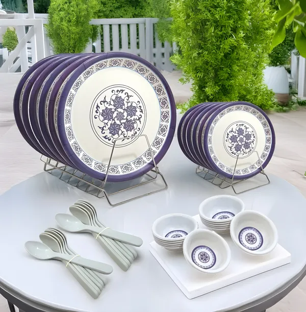 Multicolor_36_Pcs_Melamine_Dining_Set_Contains_6_Full_Plates,_6_Half_Plates,_12_Bowls_And_12_Spoons_|_Lightweight,_Durable_Ideal_For_Home_&_Picnics