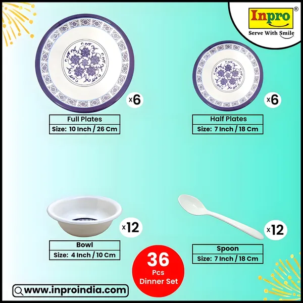 Multicolor_36_Pcs_Melamine_Dining_Set_Contains_6_Full_Plates,_6_Half_Plates,_12_Bowls_And_12_Spoons_|_Lightweight,_Durable_Ideal_For_Home_&_Picnics