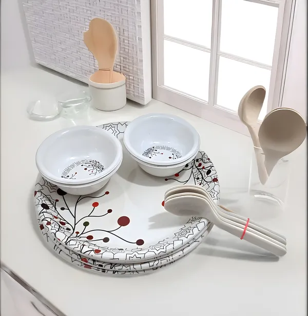 White_Stylish_Printed_Melamine_12_Pcs_Dinner_Set_Contains_4_Full_Plates,_4_Bowls_And_4_Spoons_|_Perfect_For_Lunch_&_Dinner