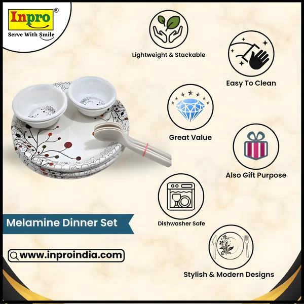 White_Stylish_Printed_Melamine_12_Pcs_Dinner_Set_Contains_4_Full_Plates,_4_Bowls_And_4_Spoons_|_Perfect_For_Lunch_&_Dinner