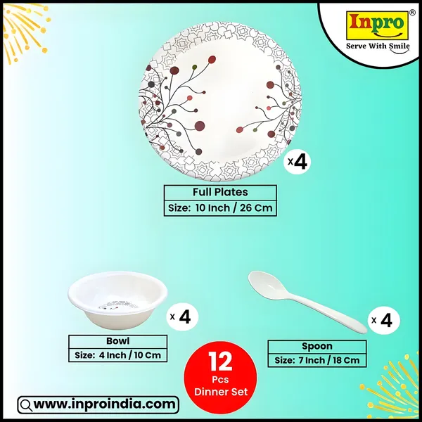 White_Stylish_Printed_Melamine_12_Pcs_Dinner_Set_Contains_4_Full_Plates,_4_Bowls_And_4_Spoons_|_Perfect_For_Lunch_&_Dinner