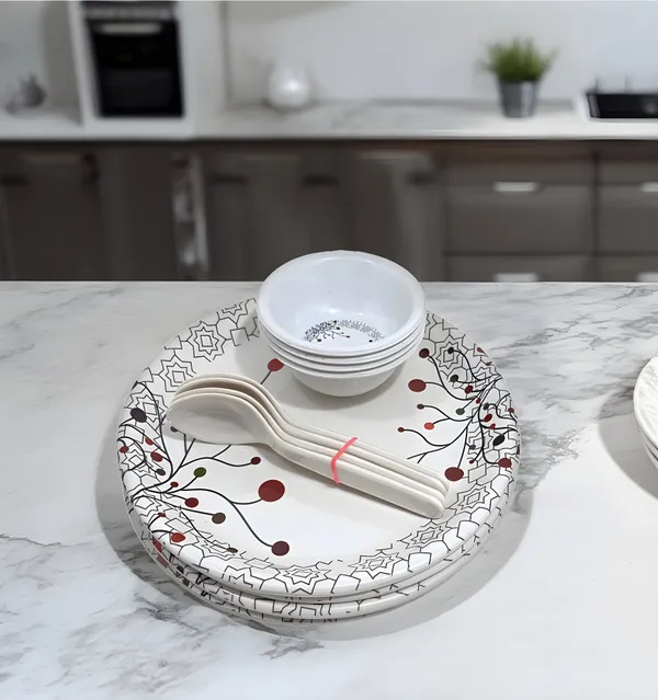 White_Stylish_Printed_Melamine_12_Pcs_Dinner_Set_Contains_4_Full_Plates,_4_Bowls_And_4_Spoons_|_Perfect_For_Lunch_&_Dinner