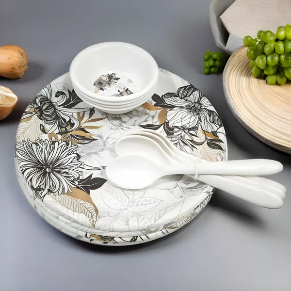 White_Melamine_12_Pcs_Dinner_Set_Contains_4_Full_Plates,_4_Bowls_And_4_Spoons_|_Lightweight,_Durable,_Ideal_For_Everyday_Meals_&_Guests