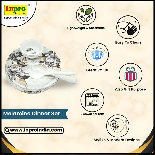 White_Melamine_12_Pcs_Dinner_Set_Contains_4_Full_Plates,_4_Bowls_And_4_Spoons_|_Lightweight,_Durable,_Ideal_For_Everyday_Meals_&_Guests