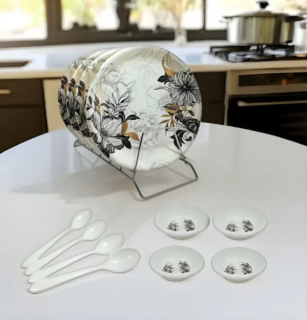 White_Melamine_12_Pcs_Dinner_Set_Contains_4_Full_Plates,_4_Bowls_And_4_Spoons_|_Lightweight,_Durable,_Ideal_For_Everyday_Meals_&_Guests