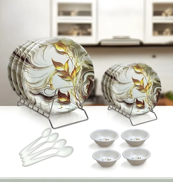 Multicolor_16_Pcs_Floral_Melamine_Dinner_Set_Contains_4_Full_Plates,_4_Half_Plates,_4_Bowls_And_4_Spoons_|_Modern_Print_Plates_&_Bowls