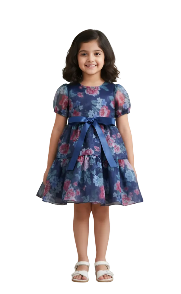 Multicolor_Blue_Captivating_Floral_Organza_Baby_Frock_&_Dress_For_Girls:_Exquisite_Short_Sleeve,_A-Line_Printed_Design,_Perfect_Knee-Length_Silhouette_For_Everyday_Charm_And_Special_Occasions.