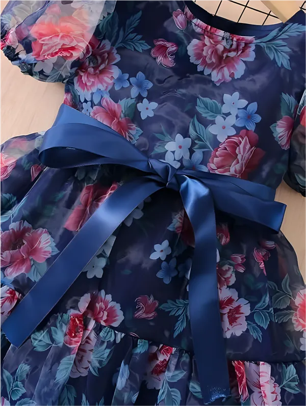 Multicolor_Blue_Captivating_Floral_Organza_Baby_Frock_&_Dress_For_Girls:_Exquisite_Short_Sleeve,_A-Line_Printed_Design,_Perfect_Knee-Length_Silhouette_For_Everyday_Charm_And_Special_Occasions.