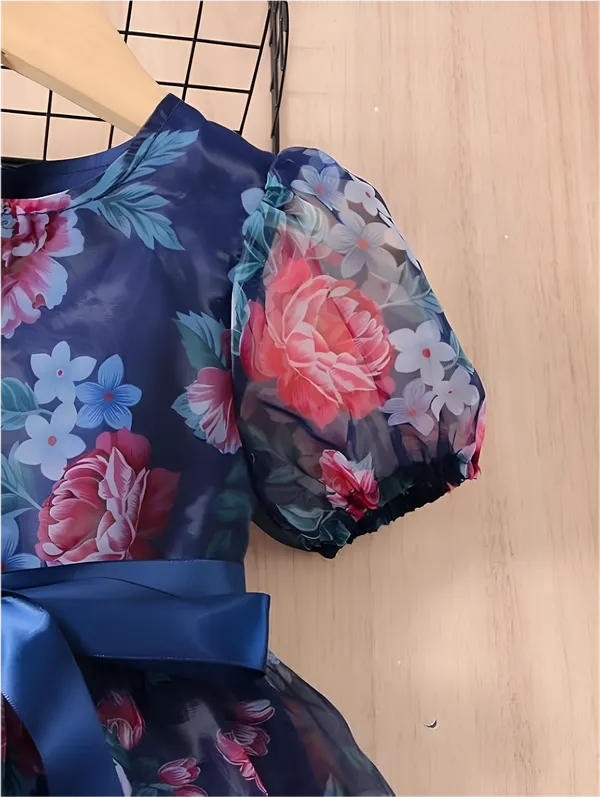 Multicolor_Blue_Captivating_Floral_Organza_Baby_Frock_&_Dress_For_Girls:_Exquisite_Short_Sleeve,_A-Line_Printed_Design,_Perfect_Knee-Length_Silhouette_For_Everyday_Charm_And_Special_Occasions.
