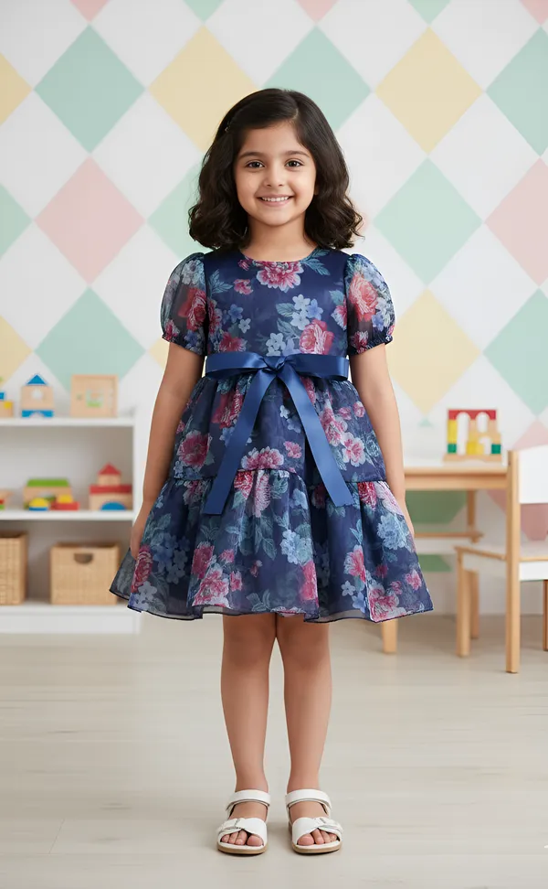 Multicolor_Blue_Captivating_Floral_Organza_Baby_Frock_&_Dress_For_Girls:_Exquisite_Short_Sleeve,_A-Line_Printed_Design,_Perfect_Knee-Length_Silhouette_For_Everyday_Charm_And_Special_Occasions.