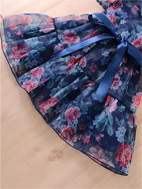 Multicolor_Blue_Captivating_Floral_Organza_Baby_Frock_&_Dress_For_Girls:_Exquisite_Short_Sleeve,_A-Line_Printed_Design,_Perfect_Knee-Length_Silhouette_For_Everyday_Charm_And_Special_Occasions.