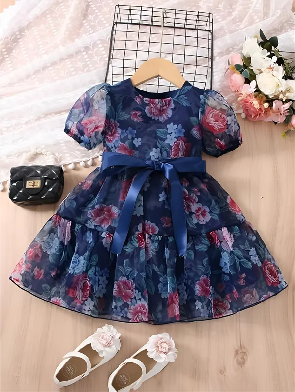 Multicolor_Blue_Captivating_Floral_Organza_Baby_Frock_&_Dress_For_Girls:_Exquisite_Short_Sleeve,_A-Line_Printed_Design,_Perfect_Knee-Length_Silhouette_For_Everyday_Charm_And_Special_Occasions.