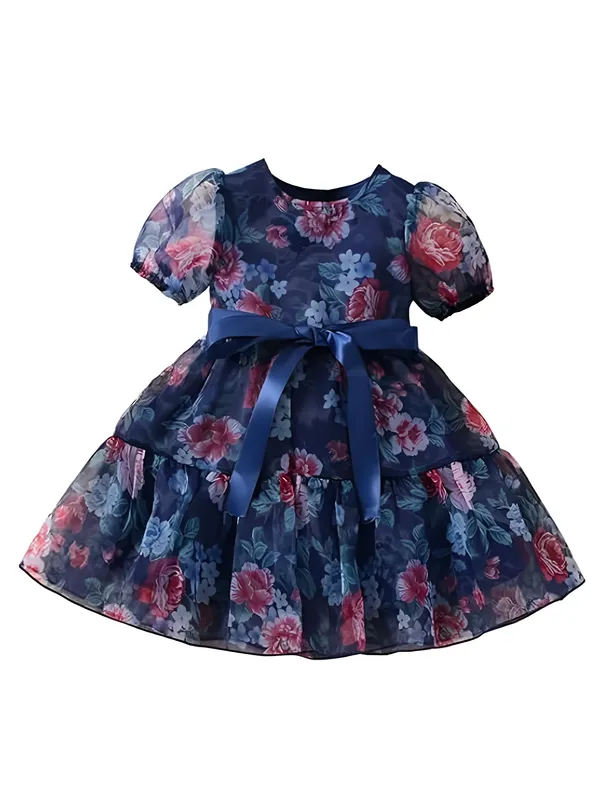 Multicolor_Blue_Captivating_Floral_Organza_Baby_Frock_&_Dress_For_Girls:_Exquisite_Short_Sleeve,_A-Line_Printed_Design,_Perfect_Knee-Length_Silhouette_For_Everyday_Charm_And_Special_Occasions.
