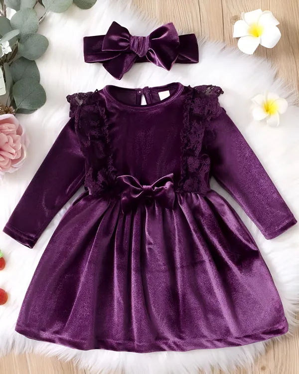 Girls_Purple_Velvet_Ruffle_Dress_&_Frock_With_Headband,_Long_Sleeve_Party_Dress