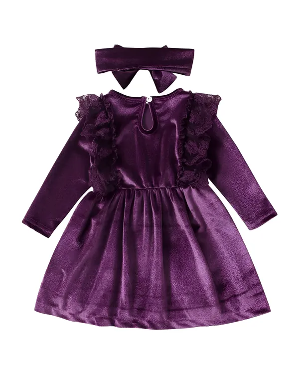 Girls_Purple_Velvet_Ruffle_Dress_&_Frock_With_Headband,_Long_Sleeve_Party_Dress