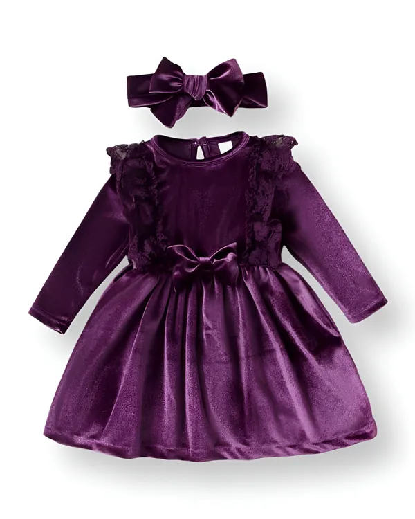Girls_Purple_Velvet_Ruffle_Dress_&_Frock_With_Headband,_Long_Sleeve_Party_Dress