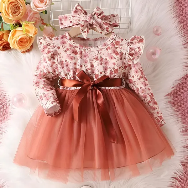 Brown_Radiant_Floral_Baby_Frock_&_Dress_A_Dazzling_Fit_And_Flare_Ensemble_For_Cherished_Celebrations_And_Special_Moments.