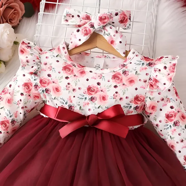Maroon_Baby_Girl_Floral_Long_Sleeve_Dress_&_Frock_|_Belted_A-Line_Knee-Length_Outfit