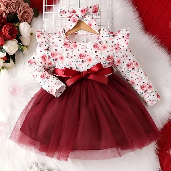 Maroon_Baby_Girl_Floral_Long_Sleeve_Dress_&_Frock_|_Belted_A-Line_Knee-Length_Outfit
