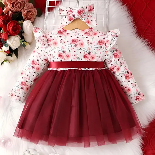 Maroon_Baby_Girl_Floral_Long_Sleeve_Dress_&_Frock_|_Belted_A-Line_Knee-Length_Outfit