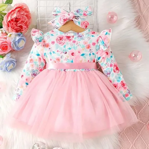 Pink_Baby_Girl_Floral_Long_Sleeve_Dress_&_Frock_|_Belted_A-Line_Knee-Length_Outfit