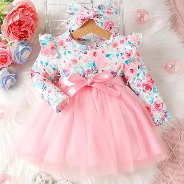Pink_Baby_Girl_Floral_Long_Sleeve_Dress_&_Frock_|_Belted_A-Line_Knee-Length_Outfit