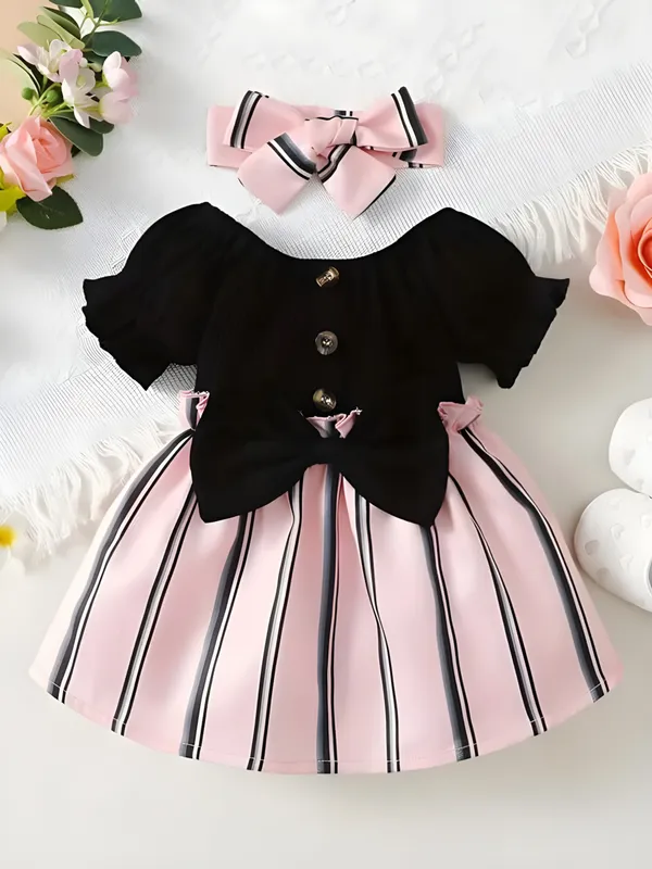 Black_Baby_Girls_Party_Wear_Dress_&_Frock_|_Elegant_Black_&_Pink_Striped_A-Line_Outfit
