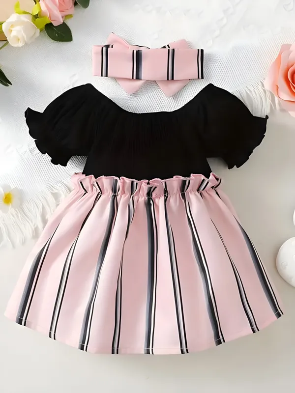 Black_Baby_Girls_Party_Wear_Dress_&_Frock_|_Elegant_Black_&_Pink_Striped_A-Line_Outfit
