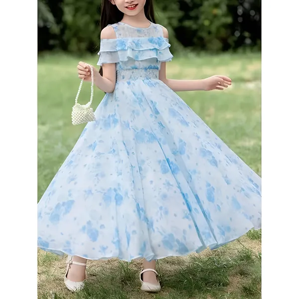 Blue_Girls_Casual_Floral_Round_Neck_Cap_Sleeves_Fit_And_Flare_Straight_Full_Length_Gown_Dress