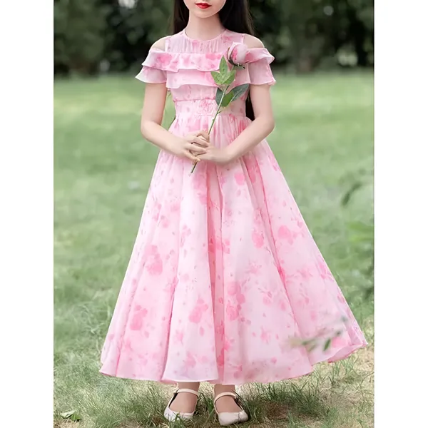 Pink_Girls_Casual_Floral_Round_Neck_Cap_Sleeves_Fit_And_Flare_Straight_Full_Length_Gown_Dress