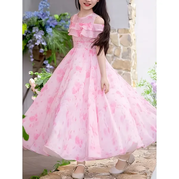 Pink_Girls_Casual_Floral_Round_Neck_Cap_Sleeves_Fit_And_Flare_Straight_Full_Length_Gown_Dress