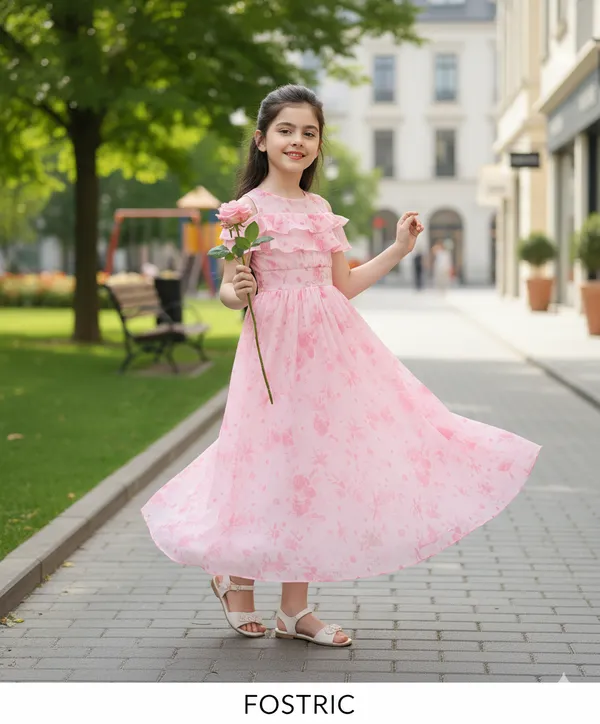 Pink_Girls_Casual_Floral_Round_Neck_Cap_Sleeves_Fit_And_Flare_Straight_Full_Length_Gown_Dress