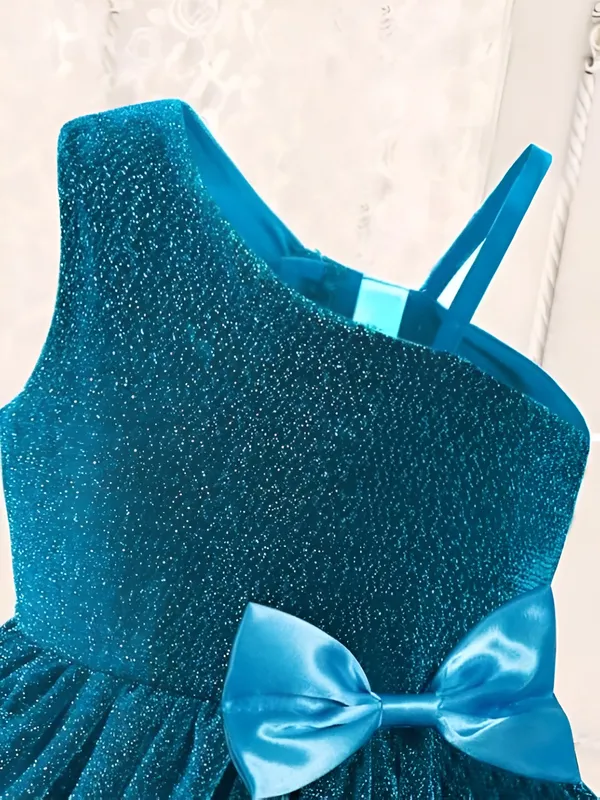 Blue_Girls_Blue_Sparkle_Tulle_Frock_&_Glitter_Party_Dress_One-Shoulder_Bow