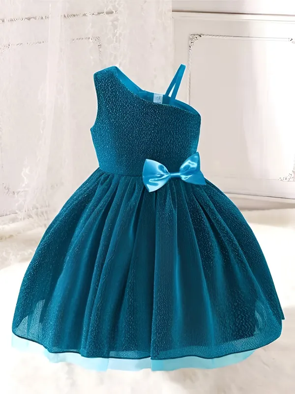 Blue_Girls_Blue_Sparkle_Tulle_Frock_&_Glitter_Party_Dress_One-Shoulder_Bow