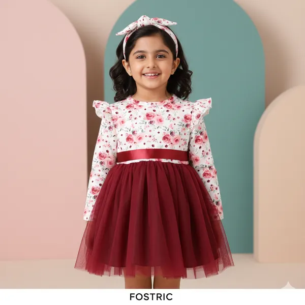 Maroon_Baby_Girl_Floral_Long_Sleeve_Dress_&_Frock_|_Belted_A-Line_Knee-Length_Outfit
