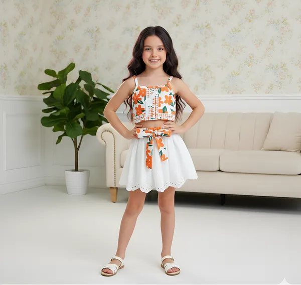 Orange_&_White__Enchanting_Floral_Baby_Frock_Dress_Set_|_Trendy_Two-Piece_Outfit_With_Eyelet_Skirt_&_Bow_|_Adorable_&_Stylish_Kids_Wear_For_Little_Angels.