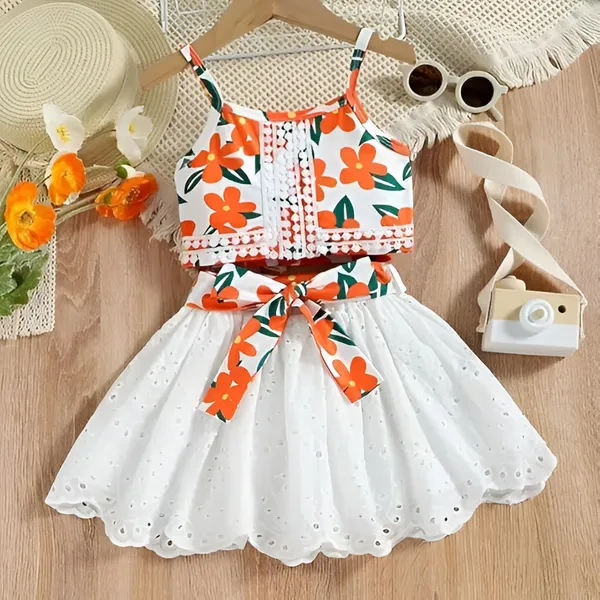 Orange_&_White__Enchanting_Floral_Baby_Frock_Dress_Set_|_Trendy_Two-Piece_Outfit_With_Eyelet_Skirt_&_Bow_|_Adorable_&_Stylish_Kids_Wear_For_Little_Angels.