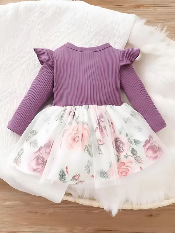 Wine_Honey_Baby_Girls_Floral_Dress_&_Frock_-_Long_Sleeve_Ribbed_Top_A-Line_Knee-Length_Outfit