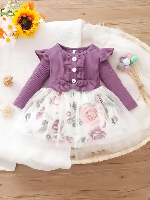 Wine_Honey_Baby_Girls_Floral_Dress_&_Frock_-_Long_Sleeve_Ribbed_Top_A-Line_Knee-Length_Outfit