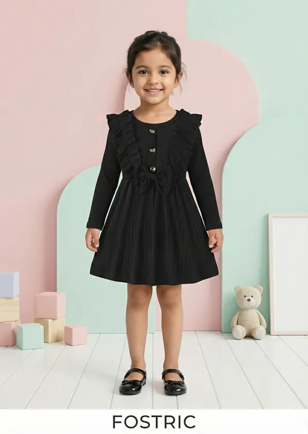 Black_Ribbed_Ruffle_Bow_Baby_Girl_Dress_&_Frock_Outfit_For_Special_Occasions